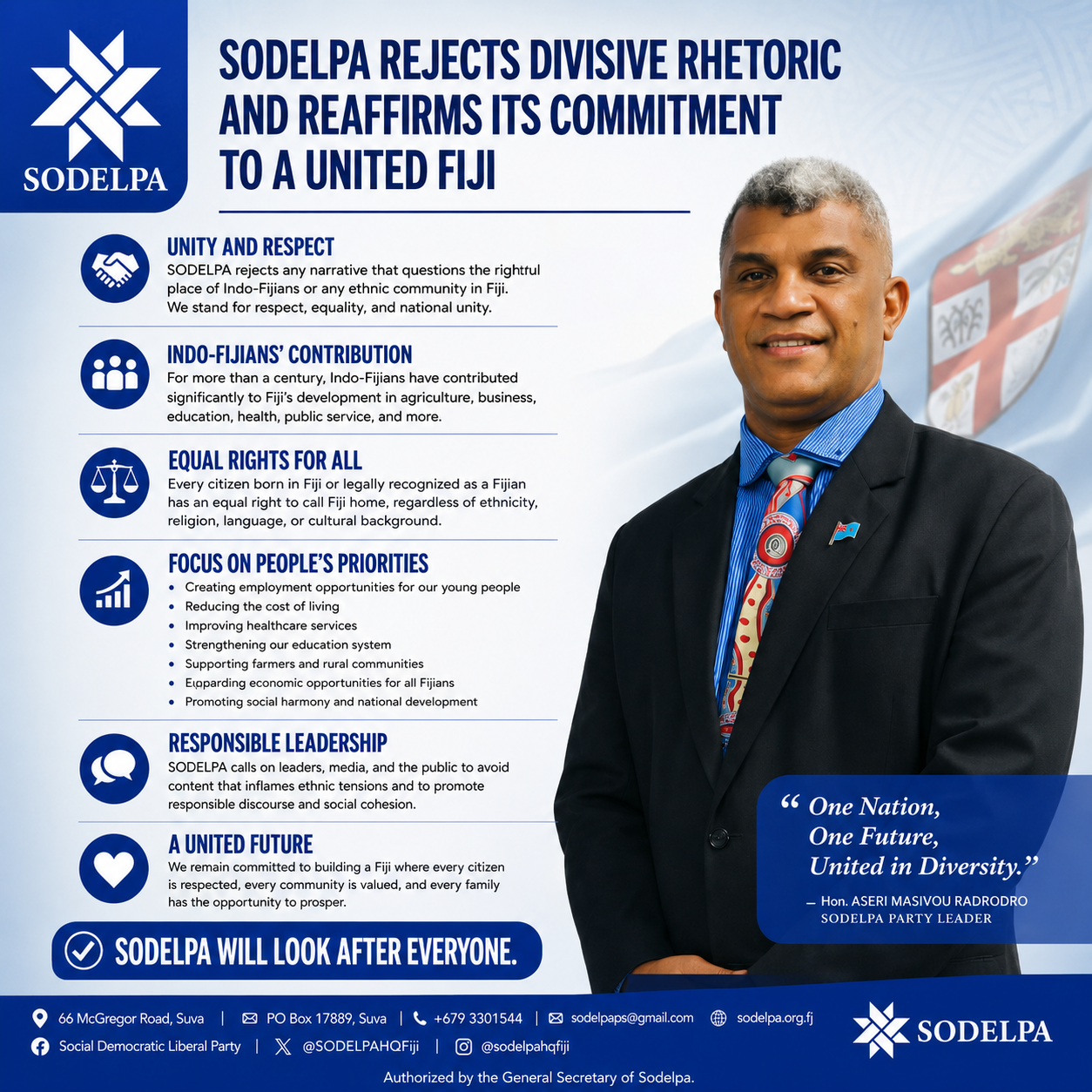 SODELPA REJECTS DIVISIVE RHETORIC AND REAFFIRMS ITS COMMITMENT TO A UNITED FIJI